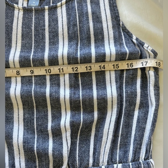 Old Navy Blue White Stripe Linen Blend Mini Dress Cinch Waist Drawstring Tie SzM - Picture 4 of 10